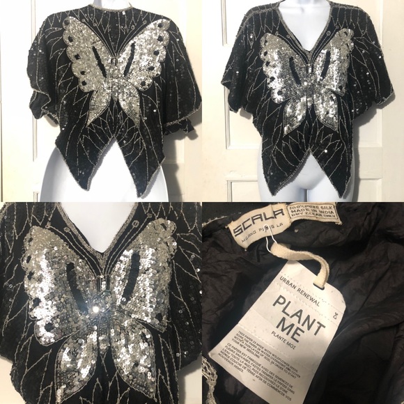 VTG Scala Silk Butterfly Sequin Blouse Beaded